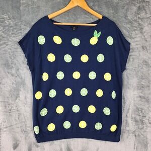 Talbots Top 2X Navy Blue Lemon Lime Citrus Fruit Print Beaded Artsy Casual Knit